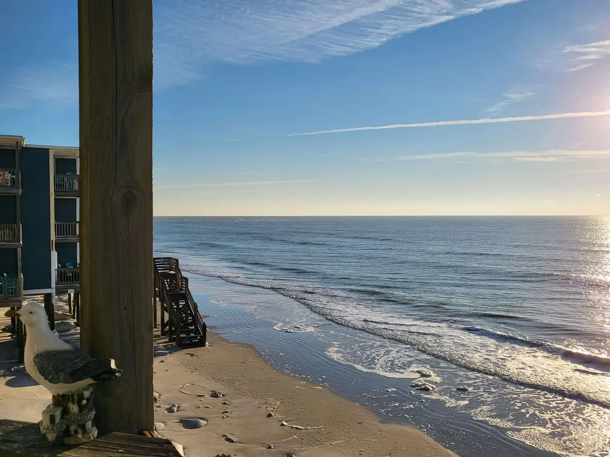 A wide view of the ocean at sunrise, with gentle waves lapping the shore and seagulls soaring above. The beach stretches into the distance, and a beachfront building is visible, capturing both the natural beauty and the tranquil setting.